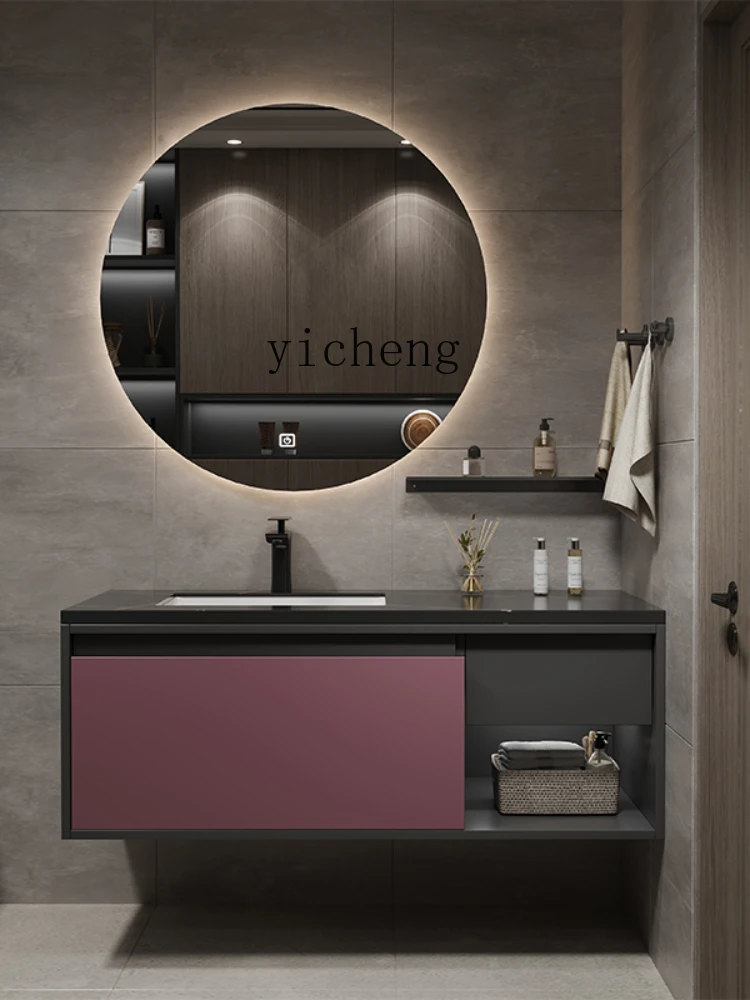 ZC Modern Stone Plate Seamless Ceramic Whole Washbin Bathroom Cabinet Combination Smart Simple Sink Mirror Cabinet