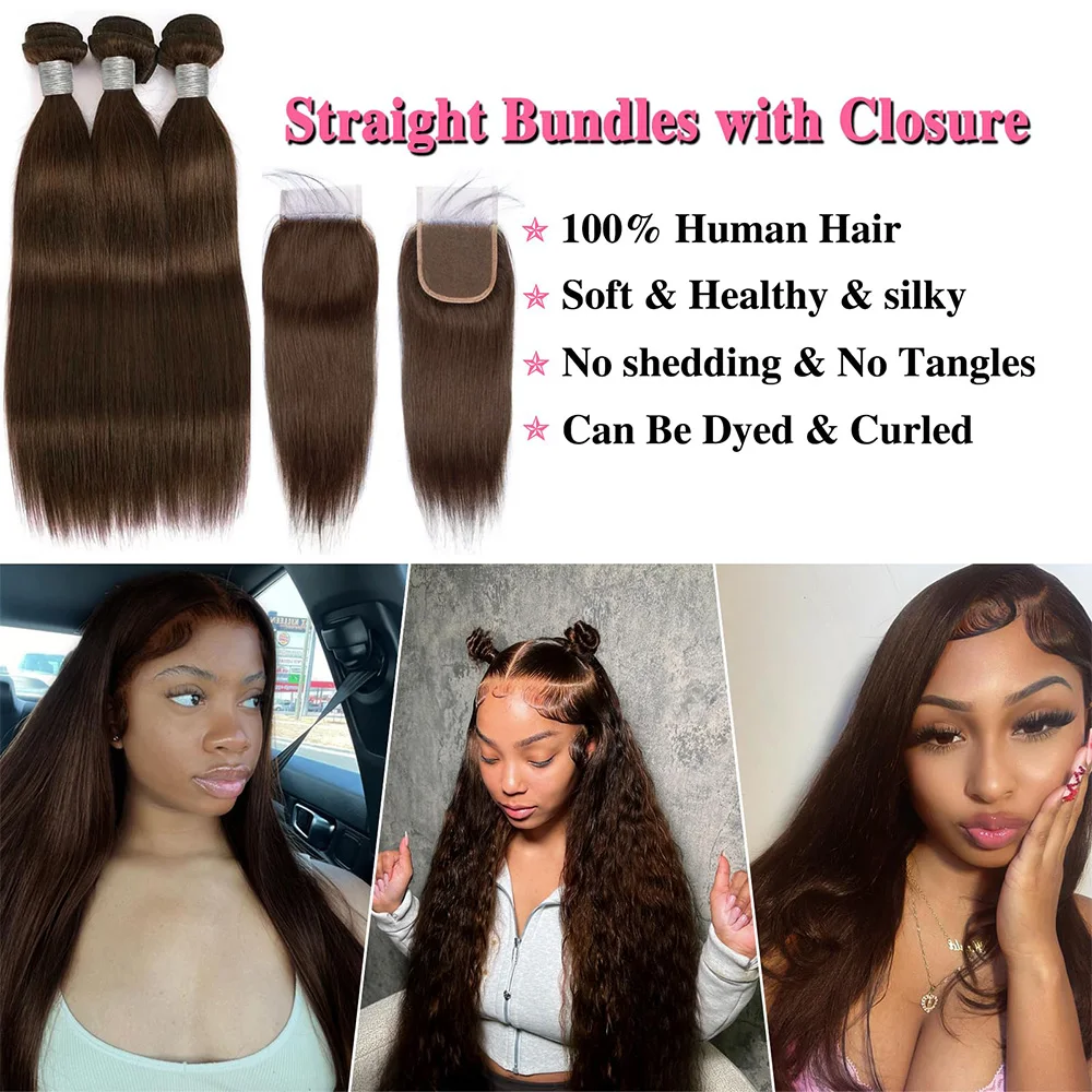 Straight Human Hair Bundles With 5x5 HD Closure And 3 Bundles Human Hair Extensions For Women Dark Brown 13x6 HD Lace Frontal
