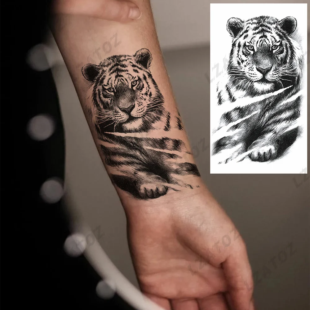 Tatuagens temporárias de tigre preto e animal para homens, tatuagem  realista de crânio, bússola e flor, adesivo lavável para adultos / Tatuagem  e arte corporal, image size:1000x1000