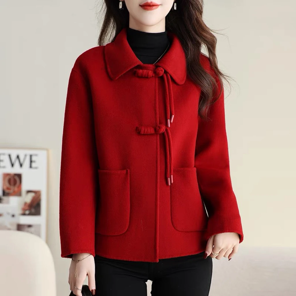 

Красное китайское двустороннее шерстяное пальто для женщин, весенняя новинка, маленький размер, корейский стиль, для повседневной носки, модное