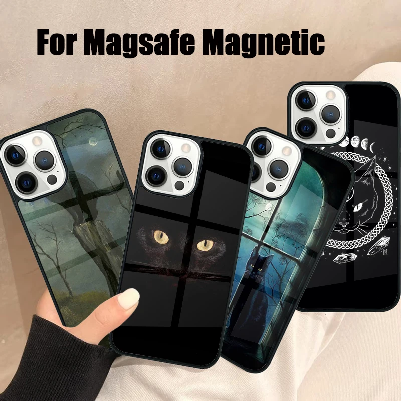 Witch Black Cat Phone Case For iPhone 17 Air 16e 15 14 13 12 11 Pro Max Plus Magsafe Wireless Magnetic Cover