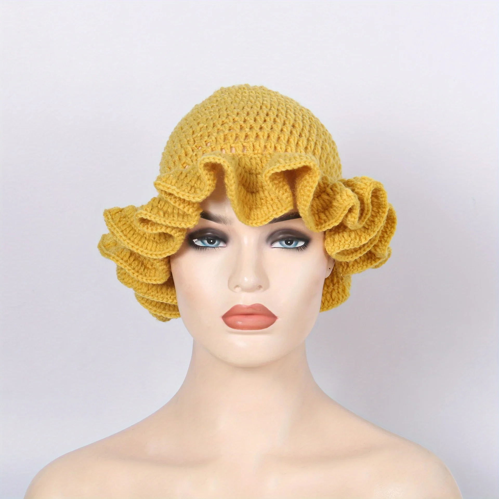 

Wool Blend Knitted Bucket Hat Handmade Foldable Skull Cap Breathable Solid Color Travel Hat with Ruffle Design for Women Girls