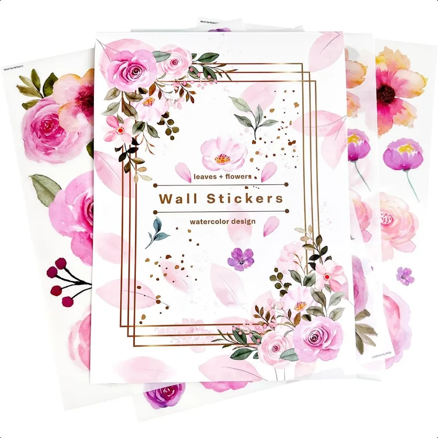 60 قطعة زهرة قشر وعصا صور مطبوعة للحوائط المائية الفينيل الفاوانيا الأزهار وأوراق ملصقات جدار زهرة الباستيل ديكور للفتيات B