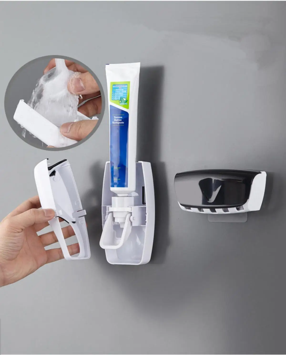 1Set Toothbrush Holder With Automatic Toothpaste Dispenser Wall Mounted Toothbrush Storage Rack & Bathroom Toothpaste Squeezer