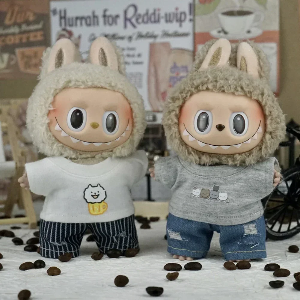 Bonito estilo japonês xadrez camisa jaqueta conjunto mini roupas de boneca de pelúcia acessórios para 17cm labubu ii bonecas roupas presente