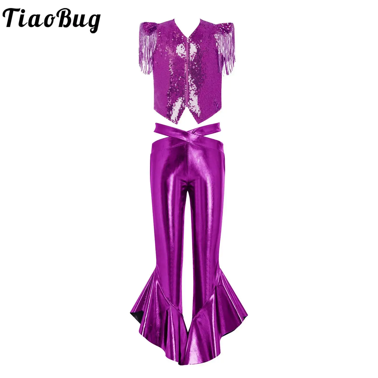 

Kids Girls Disco Tango Jazz Latin Dance Performance Outfit Sleeveless Zipper Sequin Metallic Vest with Flared Pants Cheer Sets