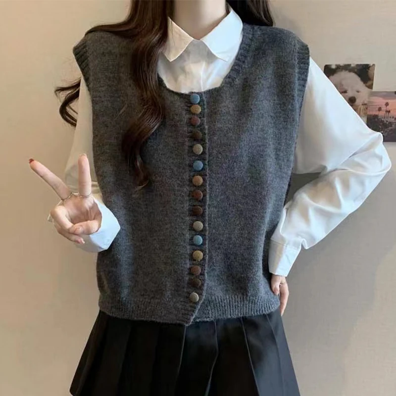 Autumn And Winter New Color Button Round Neck Knitted Vest Women Loose Joker Sleeveless Sweater Vest