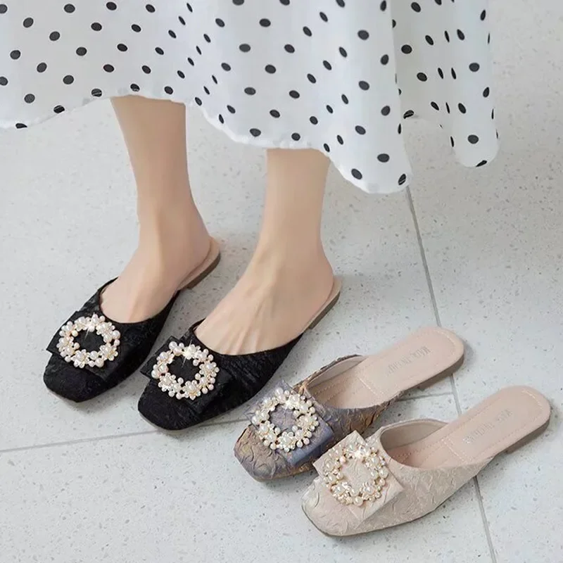 

NEW Flats Beaded Slippers Women Casual Mules Shoes New 2024 Slingback Walking Shoes Designer Summer Fashion Cozy English Style