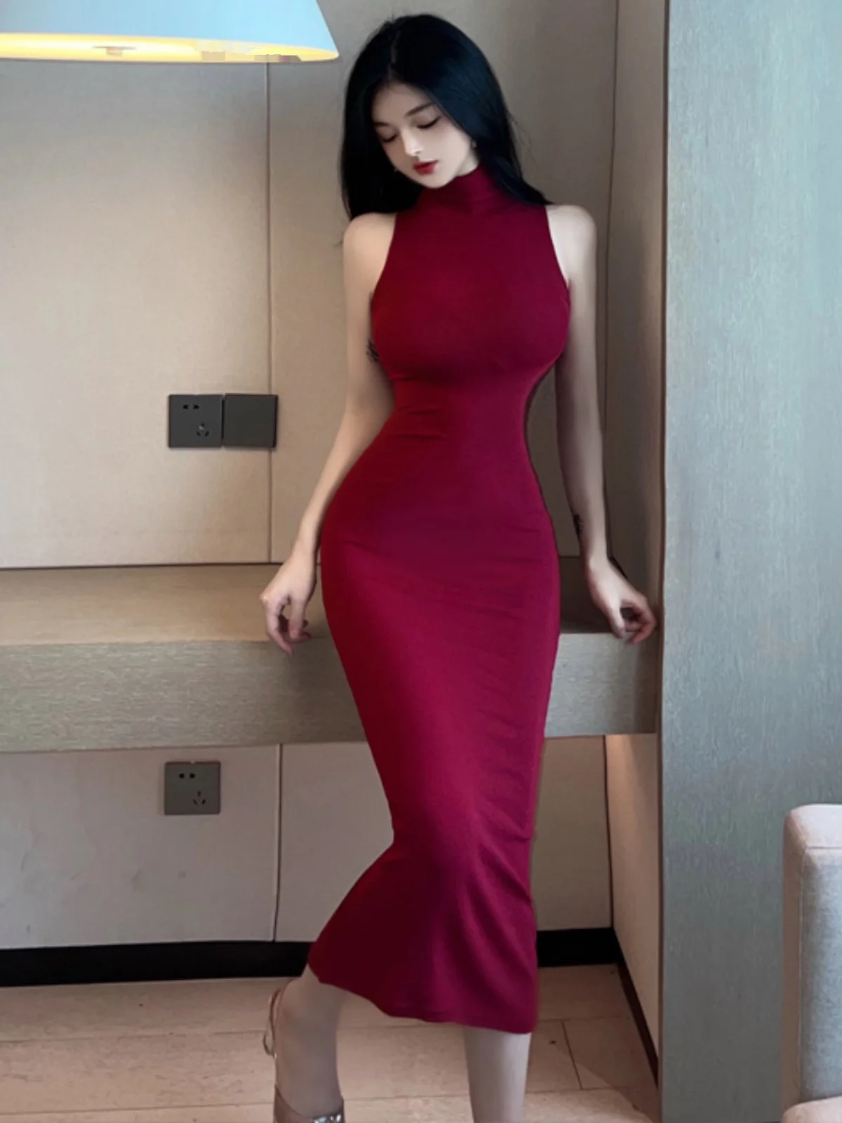 Sexy épicé fille col haut serré Long Dr Svel envelopper autour de la Base réservoir Dr trajet taille haute longue Svel Dr