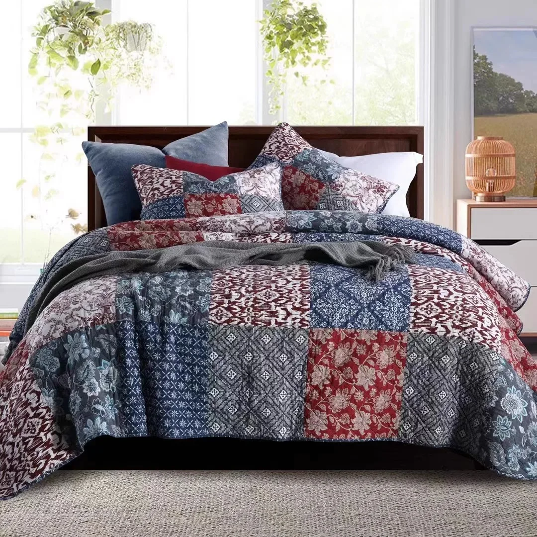 Vintage Patchwork Quilt Set 3-Piece King Queen Size Bedspread on the Bed Breathable Quilted Coverlet Comforter Home Decor