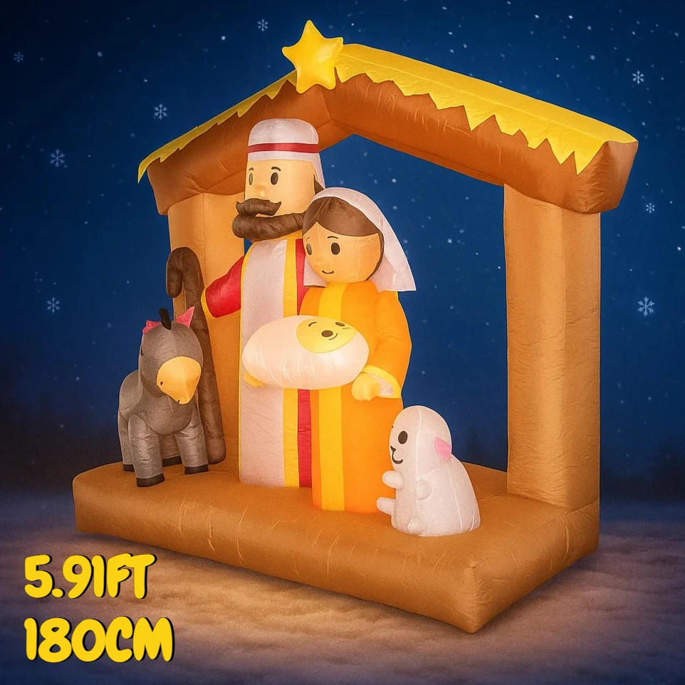 

5.91FT Inflatable Toy Jesus Donkey Lamb Nativity With LED Lights Xmas Decorations for Yard Supplies Home Ornament Festive Gifts