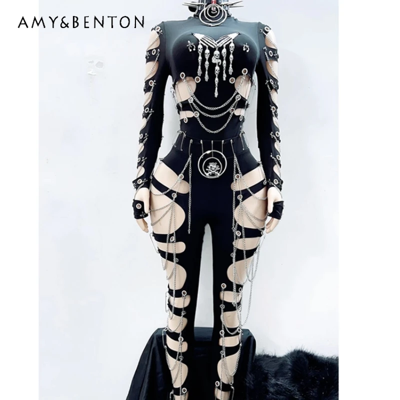 

Original Design Punk Black Hollow Out Women's Jumpsuit Gothic Dark Style Stage Performance Music Festival Long Pants Set Ladies