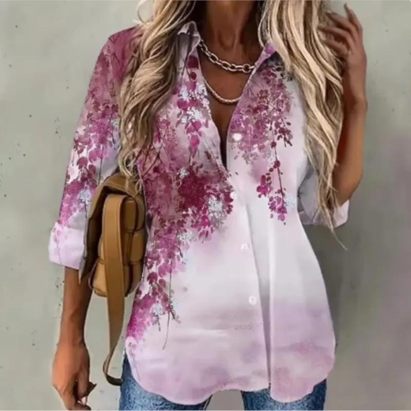 Women's shirt elegant tree branch floral printed  button fashion trend lapel high-end long sleeved personalized shirt for womens