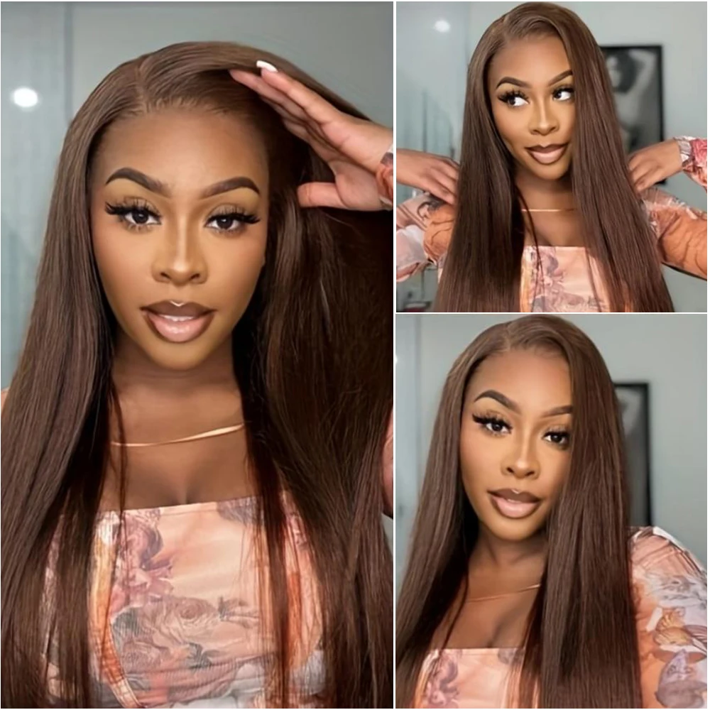 30 36 Inches Chocolate Brown Colored Straight Frontal 13x4 13x6 HD Transparent Lace Front Human Hair Wigs For Women 200% Desnity