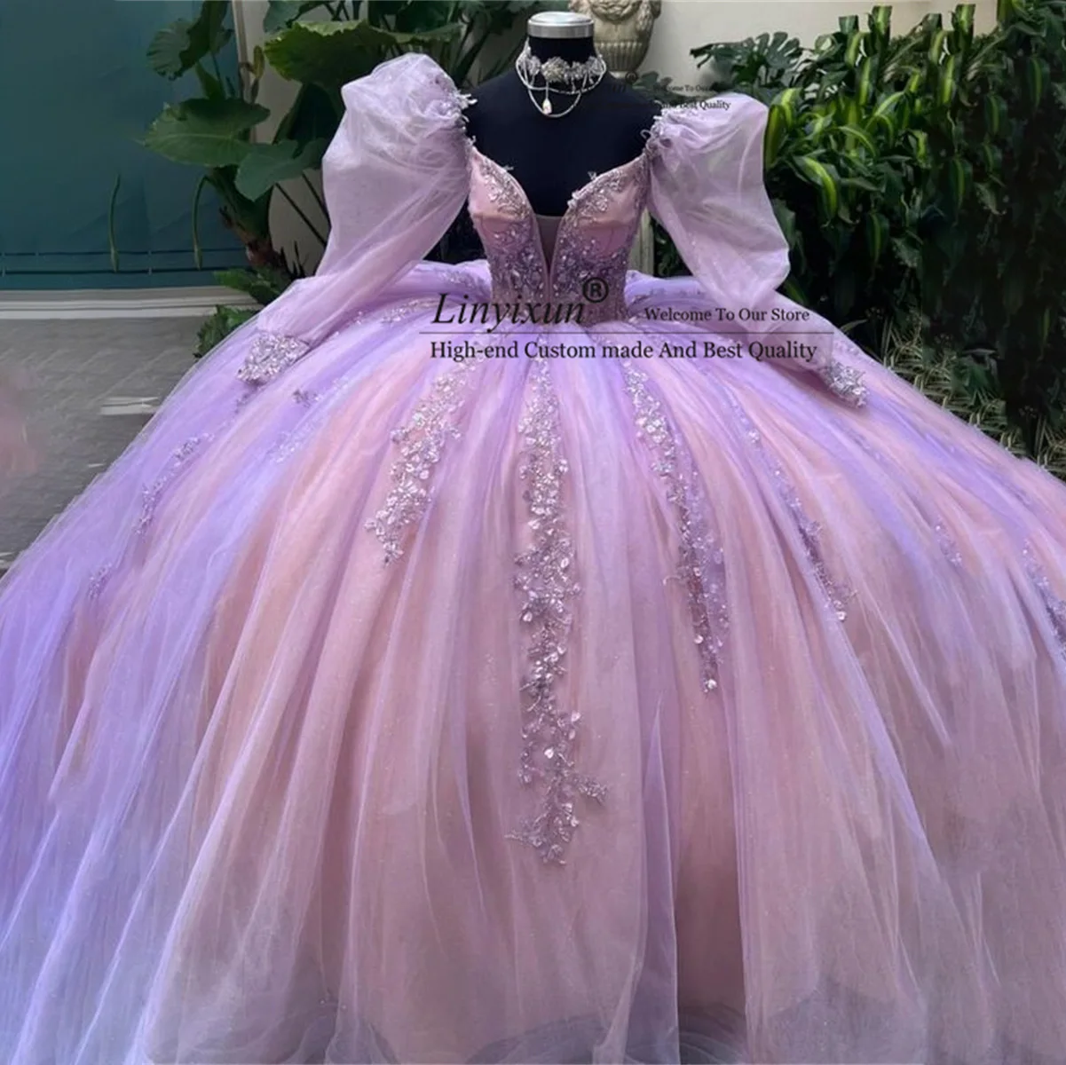 Gaun Quinceanera mewah gaun Prom putri gaun Tulle emas manik-manik applique manis 15 16 gaun Vestidos De15 Anos gaun putri Formal