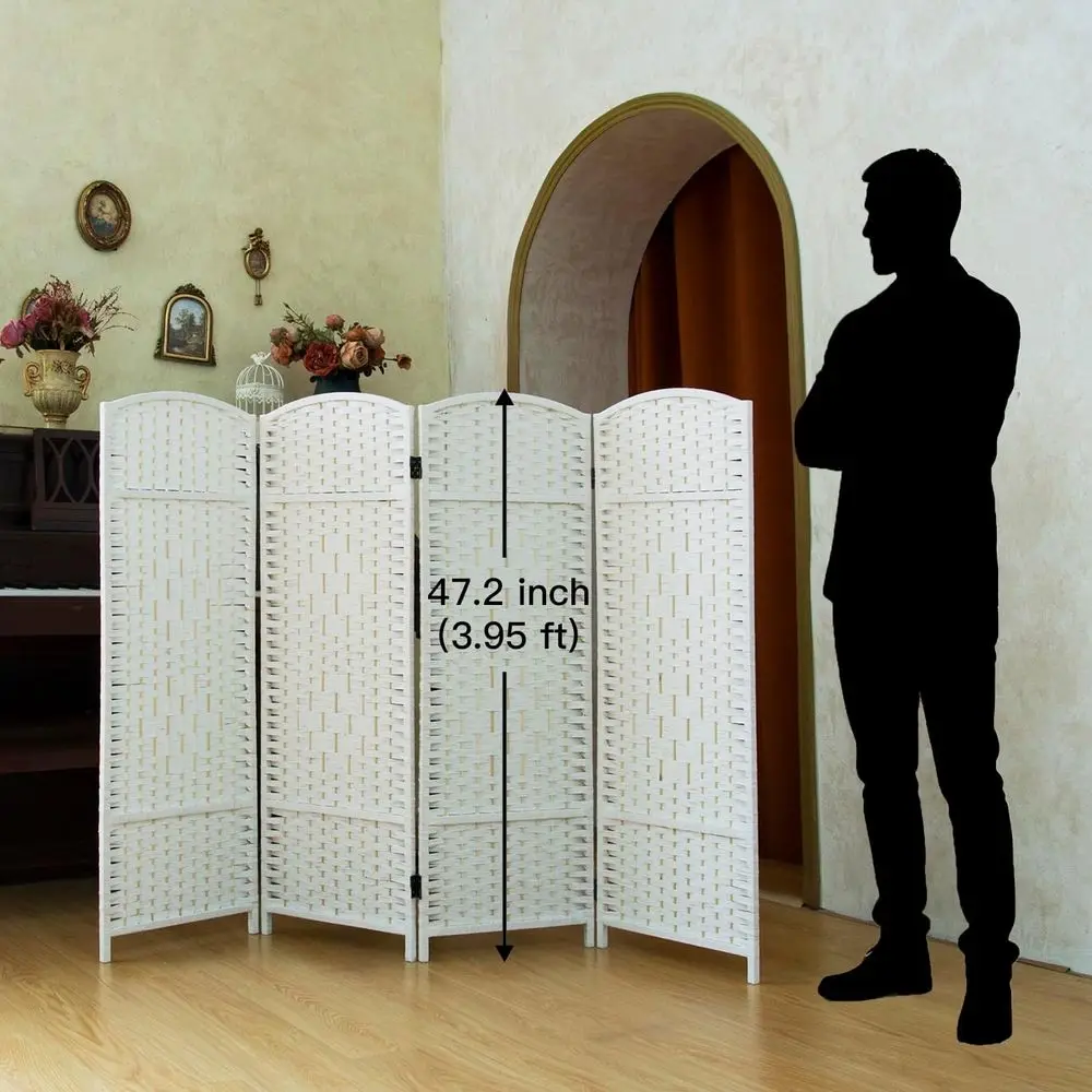 White 4 Panel Rattan Room Divider, 47.2 Inch Tall for Privacy in Home or Office