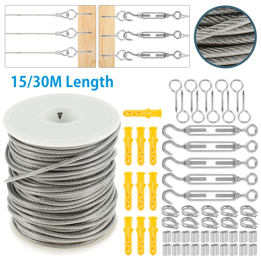 Stainless Steel Heavy Duty Cable Rope Garden Wire Cable Railing Wire Fence Roll Kits for Outdoor Tent Rope 15M/30M Cleaning Rope