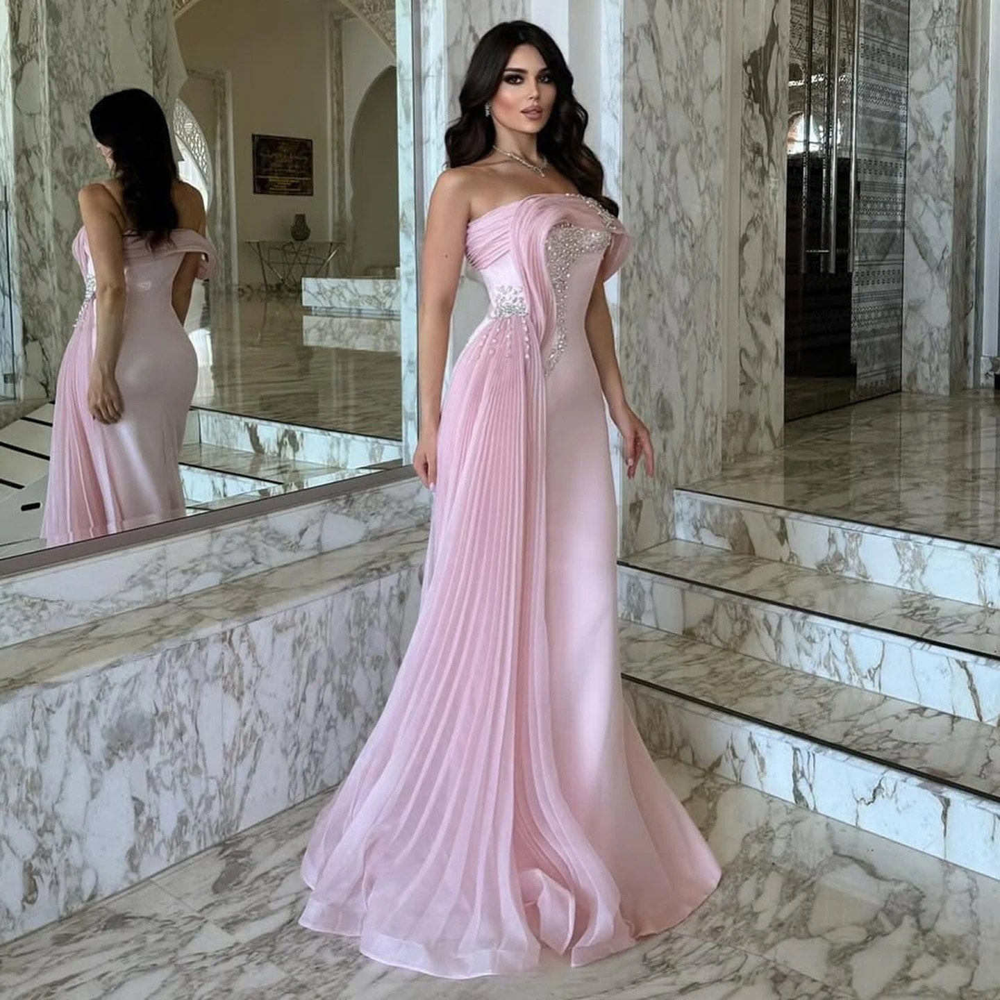 

Elegant A-Line Off Shoulder Mermaid Evening Dress Pleated Crystal Wedding Guest Party Gowns for Women Fashion Customized