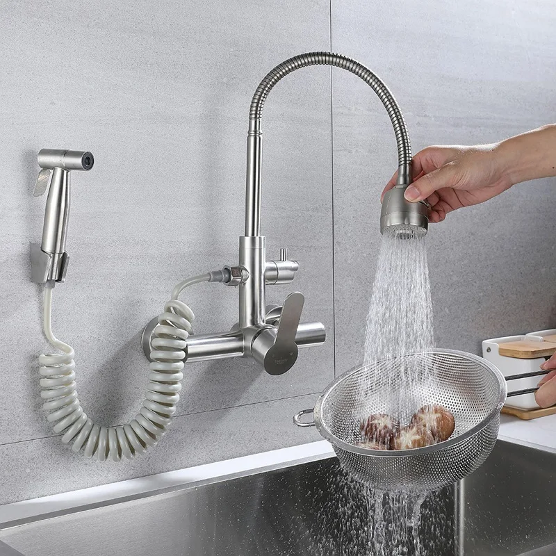 

Kitchen Faucet with Sprayer Gun Lead Free Hot Cold Water Mixer Tap Stream Spray Bubbler 360 Rotation Flexible Pipe Dual Function