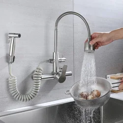 Kitchen Faucet with Sprayer Gun Lead Free Hot Cold Water Mixer Tap Stream Spray Bubbler 360 Rotation Flexible Pipe Dual Function