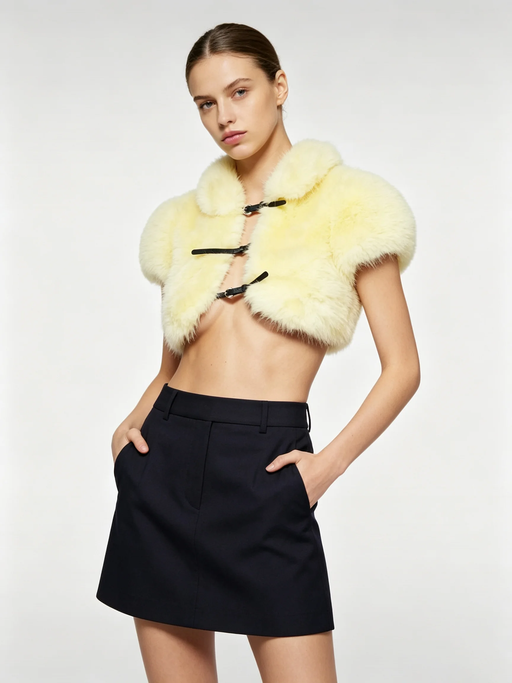 LIMO Women Y2K Short Sleeve Faux Fur Crop Jacket Lapel Buckle Plush Shrug Coat