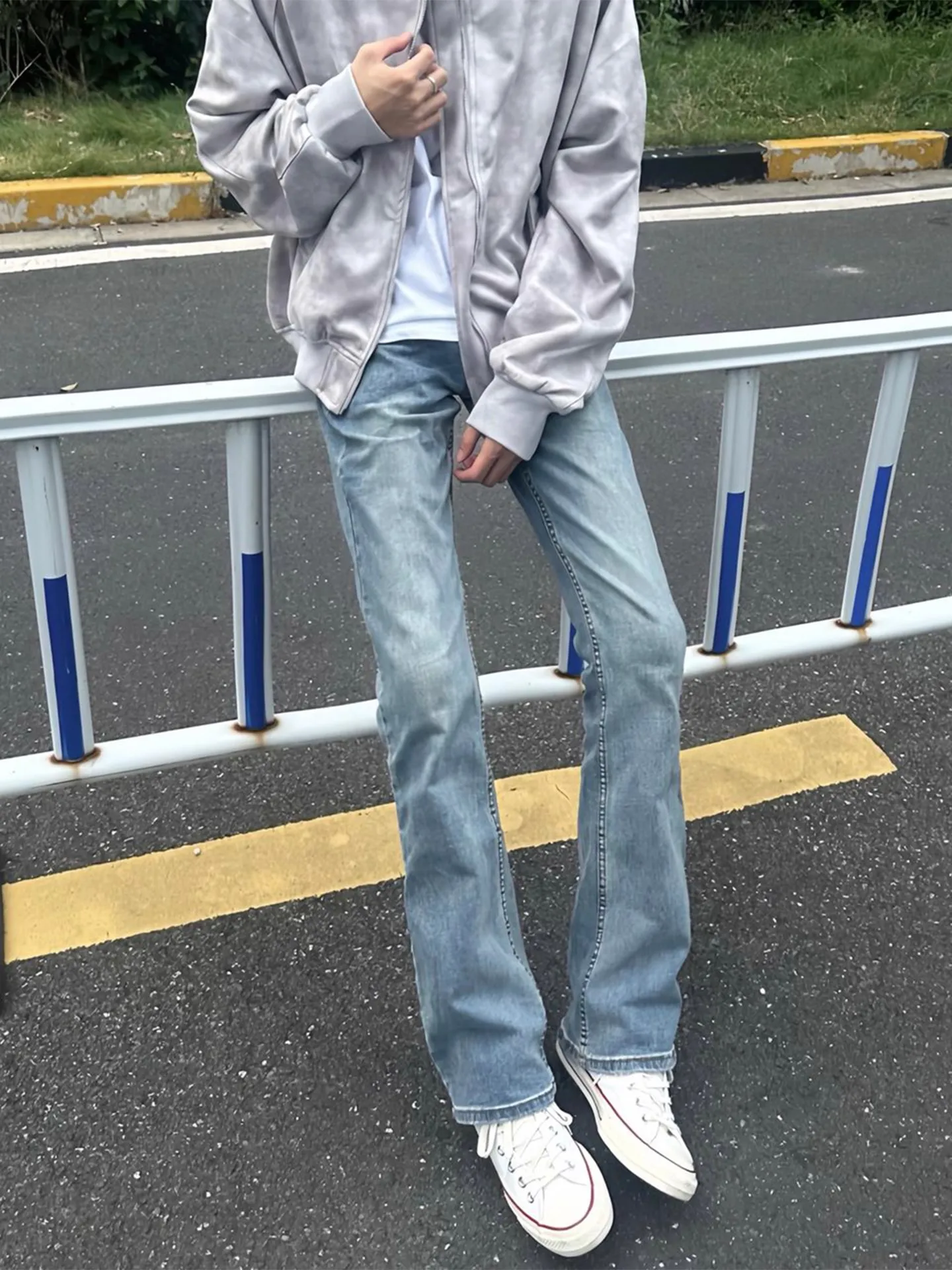 

Cleanfit Slim Fit Light Blue Jeans Men's High Street Straight Leg Jeans Distred mid Waist Waed Casual Straight Leggings