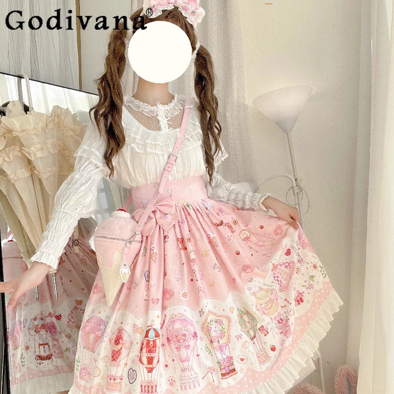 

Японская мягкая юбка в стиле Лолиты для девочек, весна-осень, новые милые женские длинные юбки с бантом и принтом Kawaii для дня рождения SK, женские длинные юбки с высокой талией