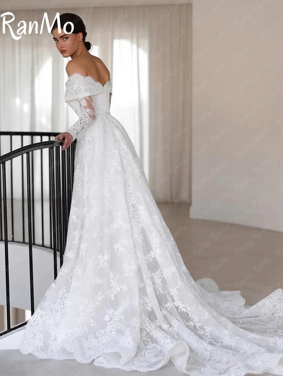 Ranmo Exquisite A-line Wedding Dress luxury Off Shoulder Bridal Gown Lace Long Sleeve Customized Vestidos De Novia Sweep Train