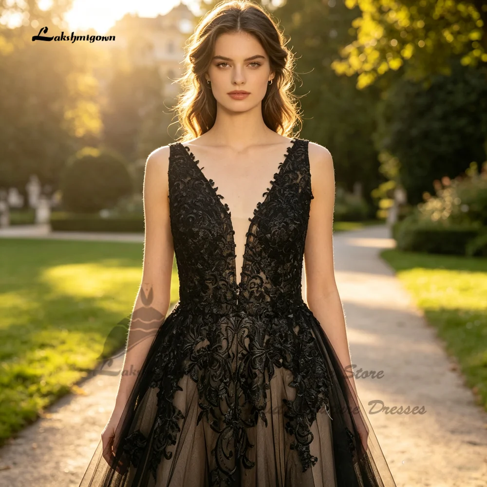 Lakshmigown Gothic Schwarzes Hochzeitskleid Rückenfrei 2026 Vintage Garten Brautkleider Tiefer V-Ausschnitt Vestidos de Novia Maßanfertigung – Detail 5
