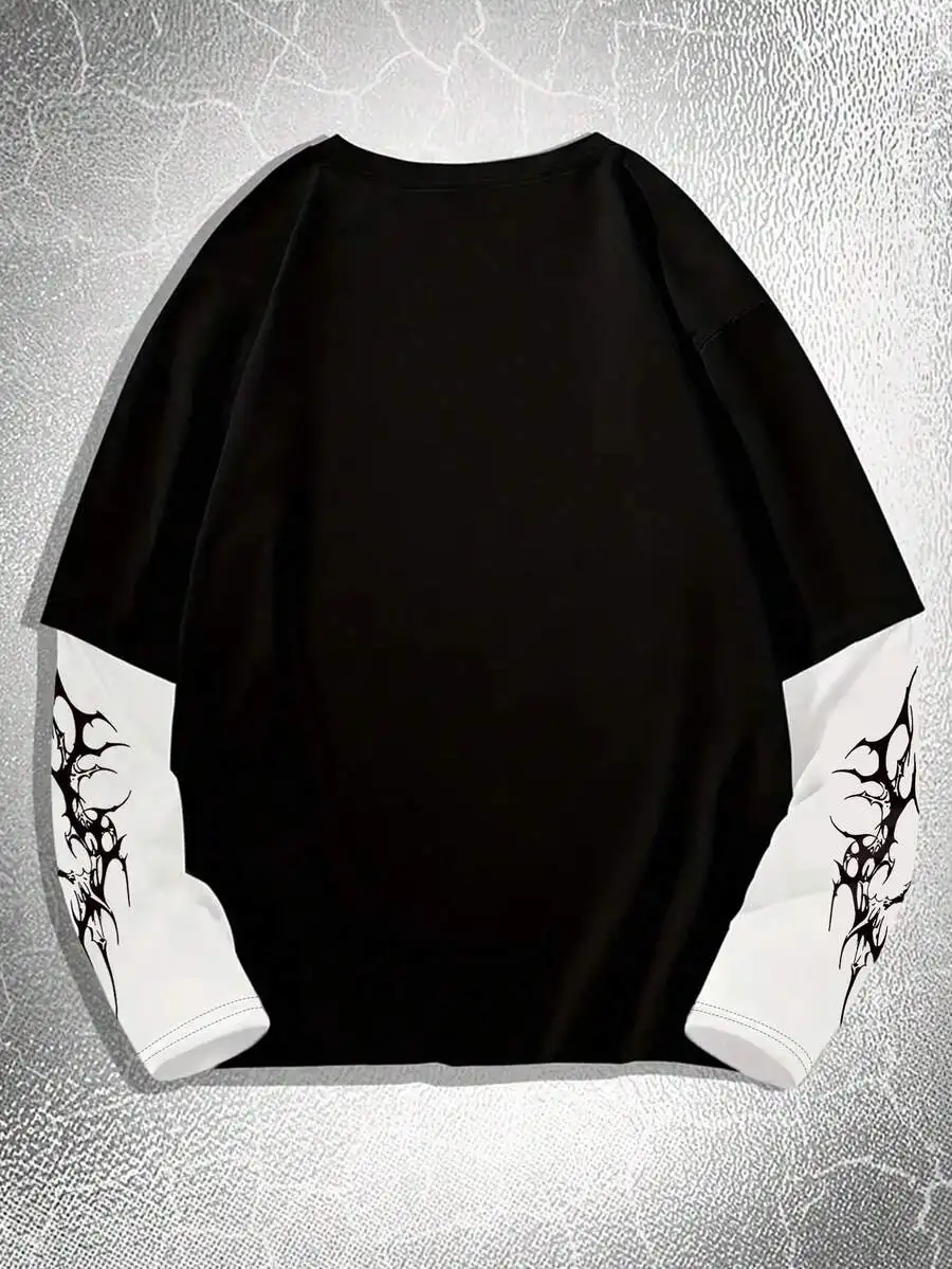 

Mens Long Sleeve Crew Neck T-Shirt, Loose Fit Casual Top With Abstract Print, Autumn Wear