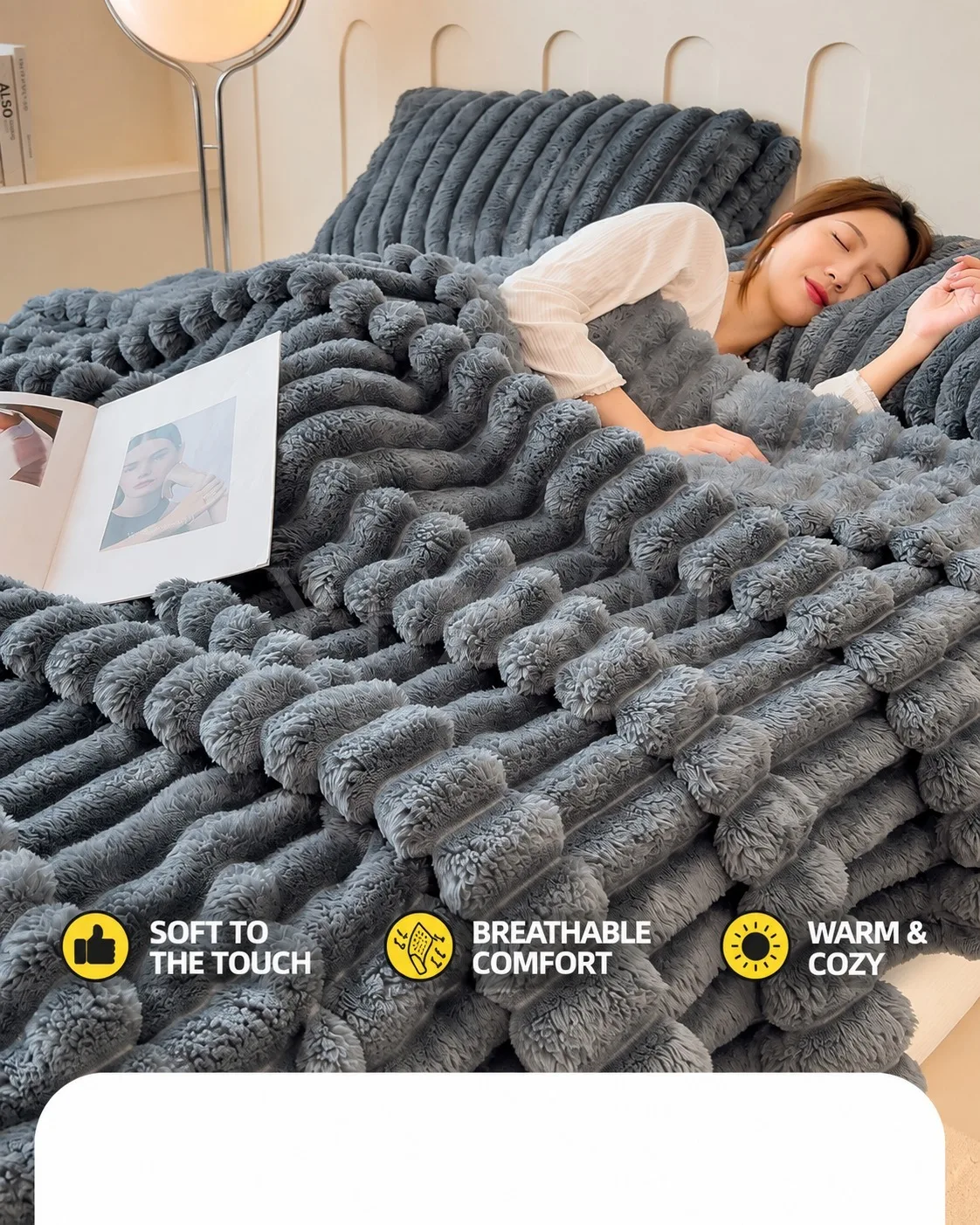 Thick Warm Wide Striped Flannel Blanket Solid Color Soft Fluffy Plush Throws for Sofa Bed Office Travel Multifunctional Blanket