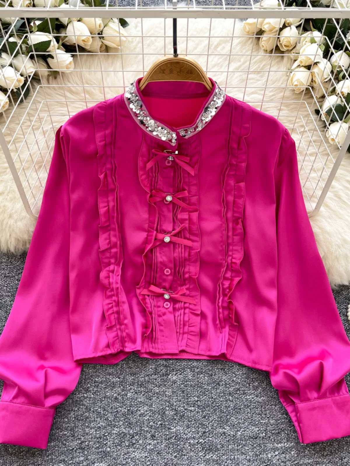 

Women's Long Sleeve Satin Shirt Stand Collar Splice Slimming Versatile Top Korean Style Commute Wind Loose Fit Regular Sleeve