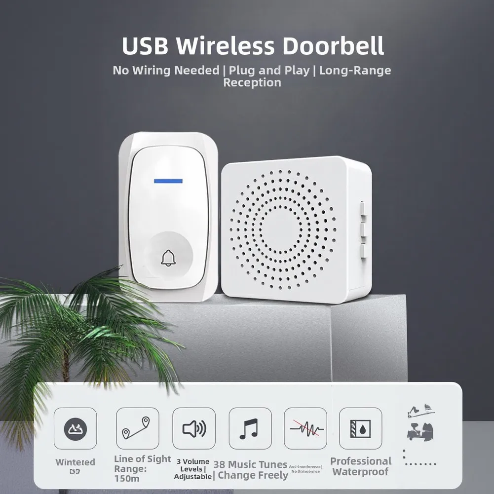 Wireless Doorbell with USB Power Connection Designed for Reliable Long Range Performance in Various Environments