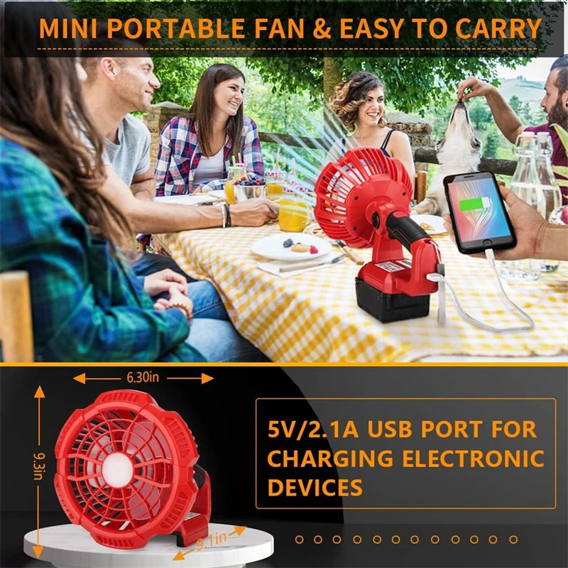 Handheld Fan for Milwaukee 18V Li-ion Battery Personal Fan with 300LM LED Lantern Function Camping Fan for Home, Work