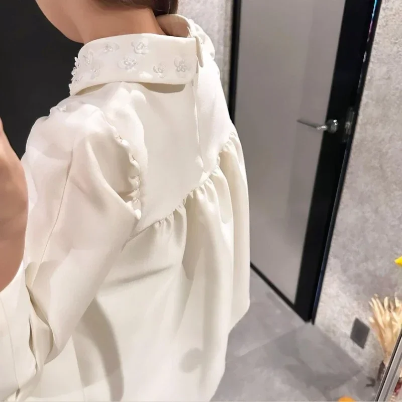 Peter Pan Collar Puff Sleeve Ladies Top Solid Sweet Japan Style Spring Blouses 2024 New Chic Elegant Blusas Mujer Female Camisas