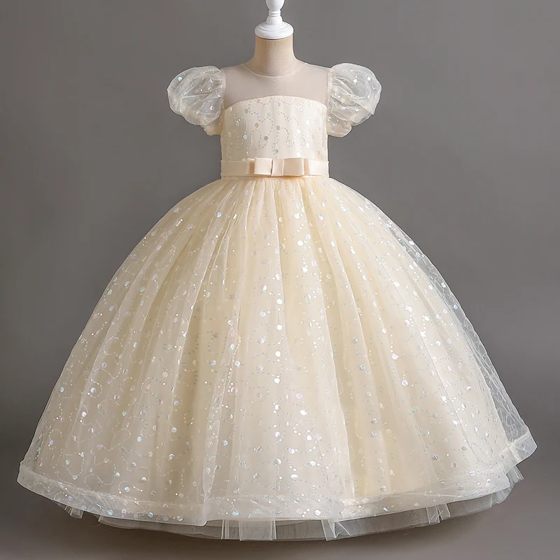 

Girls court style long French puffle-sleeve dress mesh Shag skirt Sweet Princess flower child performance #r155