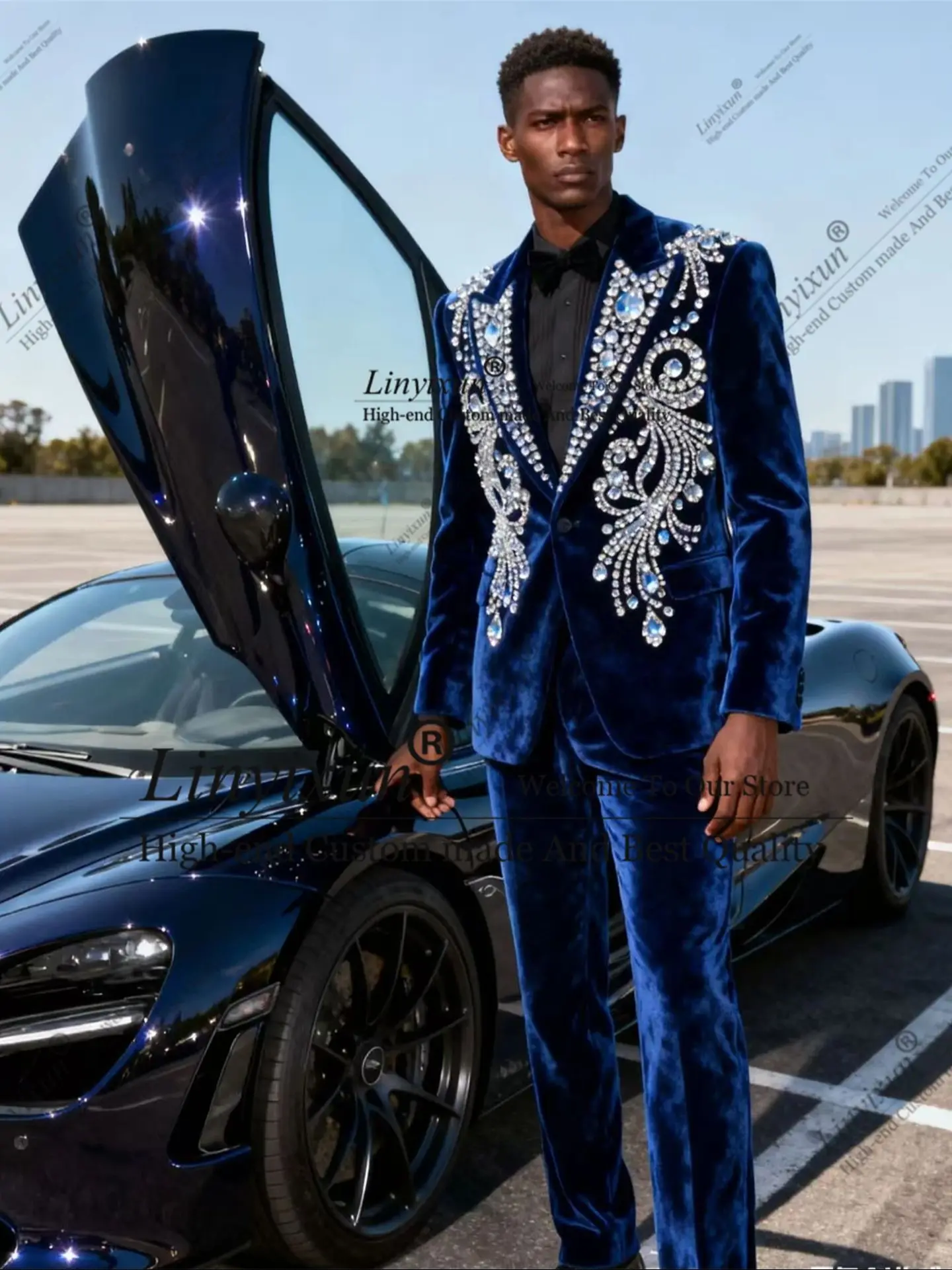 

Fashion Diamond Gem Men Suits Customized Ropa Hombre High End Velvet Groom Tuxedos 2 Pieces Sets Wedding Party Prom Blazer