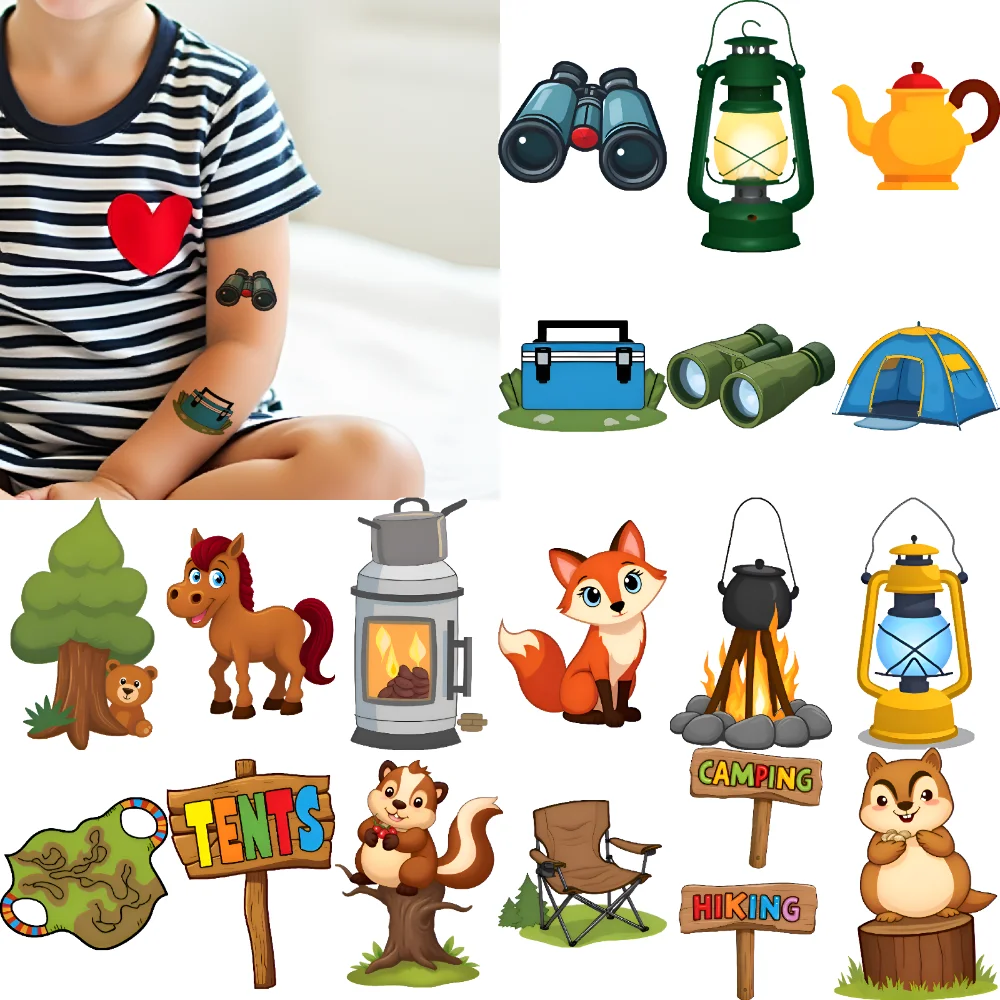 

63pcs Temporary Tattoo Hiking Graphics Cartoon Camp Camping Icons Waterproof Long-lasting Body Stickers For Arms Children