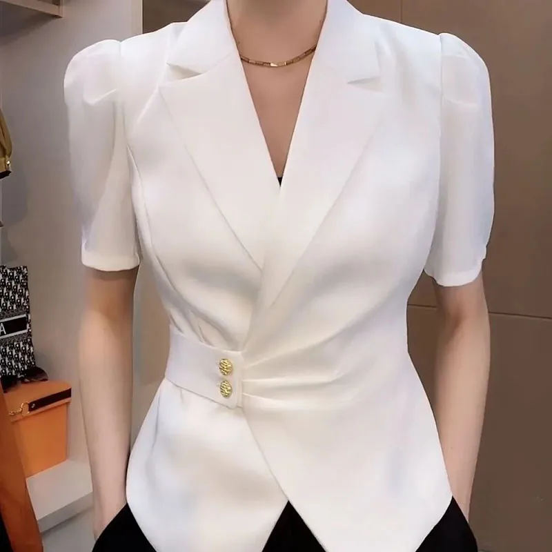 

Ladies New Solid Color Suit Collar Short-Sleeved Shirt Spring And Summer New Temperament Slim Joker V-Neck T-Shirt Blouse