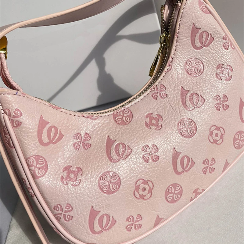 Sweet Girls Printed Pattern PU Leather Shoulder Hobo Bag Fashion Pink Underarm Bag Female Small Purse Armpit Handbags Sac A Main