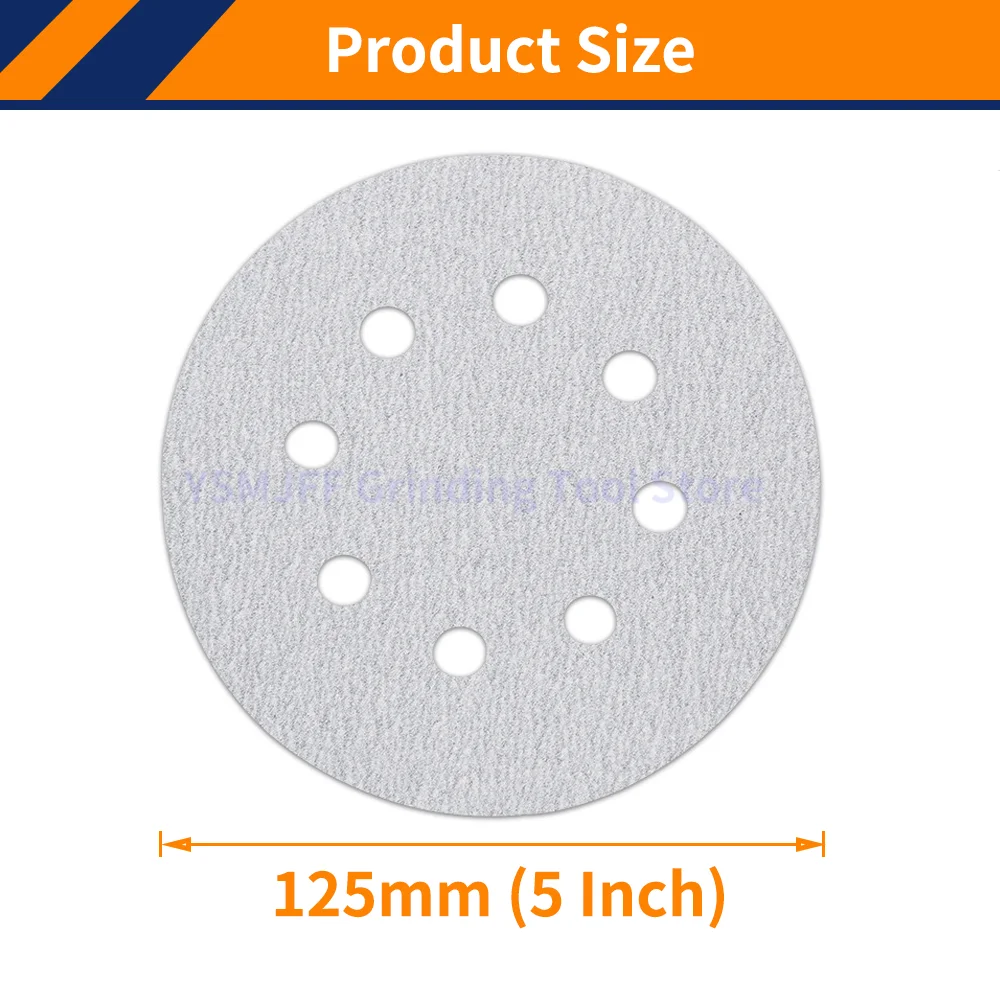 50PCS 5 Inch 8 Hole Sanding Discs White Self-adhesives Sandpaper 60-1000 Grits Hook & Loop Sanding Disc for Wood Metal Grinding