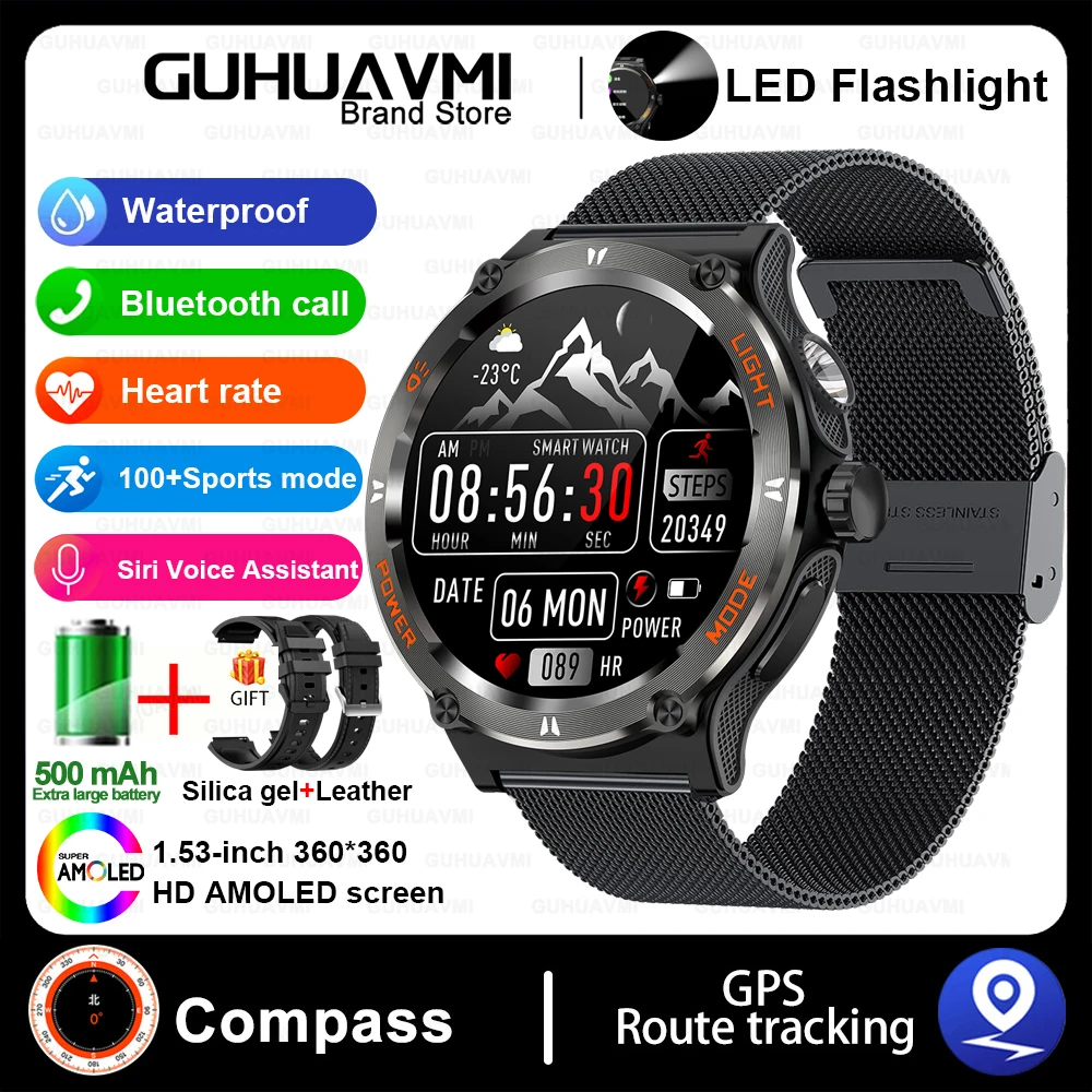 GUHUAVMI Heiße Outdoor-Militär Smartwatch Männer führte starkes Licht amoled Bildschirm Herzfrequenz Kompass Bluetooth Anruf 3atm wasserdichte Smartwatch 10