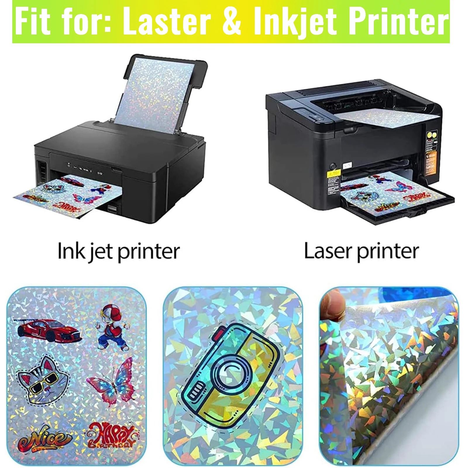 20 Sheets A4 Size Printable Diamond Holographic Sticker Paper 8.3x11.7 Inch Self-Adhesive Waterproof Broken Glass Vinyl Sticker