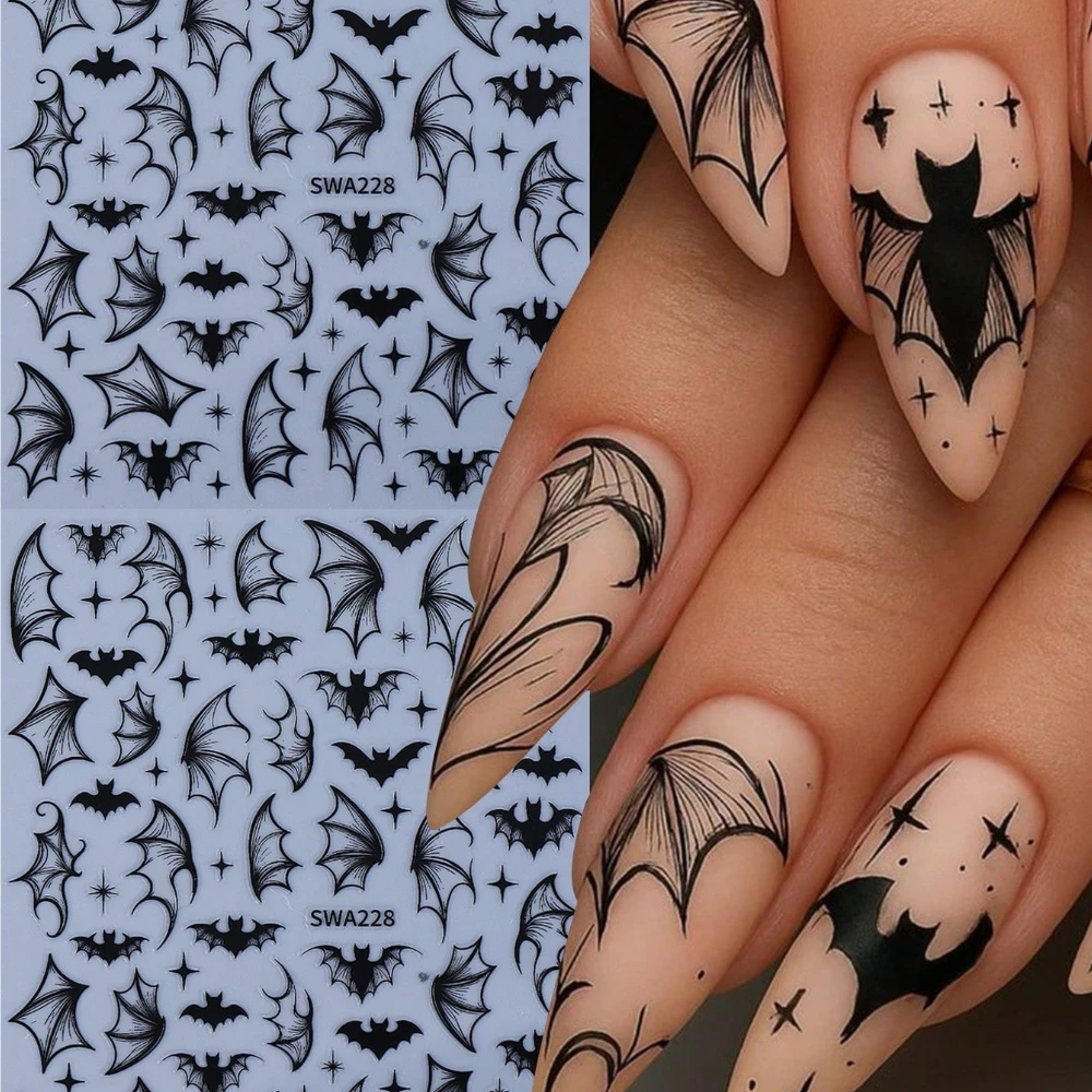 1 3D-Nagelaufkleber mit schwarzen Fledermäusen, Gothic-Stil, geeignet für Halloween, Fledermaus-Nagelkunst-Dekoration, Nageldesign für den Halloween-Feiertag