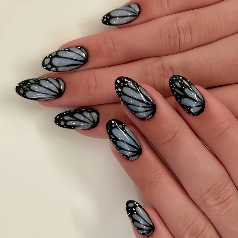 

24PCS Sweet Cool Black Almond False Nails with Glue Glitter Butterfly Patterns French Fake Nails for Spice Girls Wearable Nails