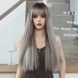 7JHH WIGS Synthetic Ash Blonde Straight Hair Wig with Bangs Natural Soft High Density Wigs for Women Daily Party Heat Resistant