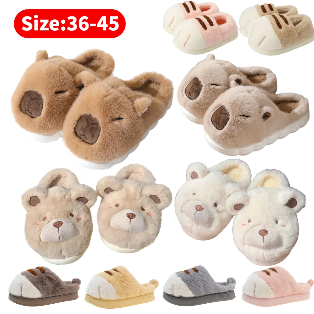 

Cute Capybara Cotton Slippers Women Winter Indoor Soft Sole Warm Fur Slides Woman Comfort Non Slip Home Bedroom Slippers