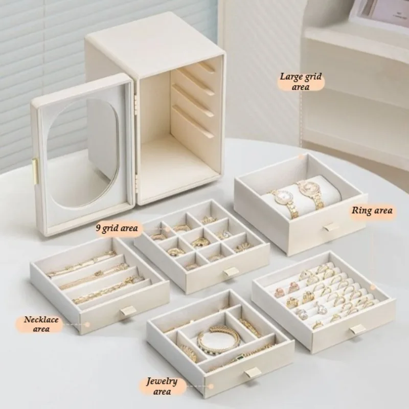 Leather Jewelry Storage Box Large Capacity Ring Organizer Boxes Luxury Necklace Drawers Display Case Watch Collection Case