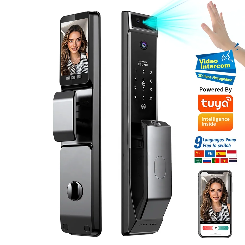 

Fully automatic 3D facial recognition WIFI electronic fingerprint palm print unlocking digital smart door lock video intercom