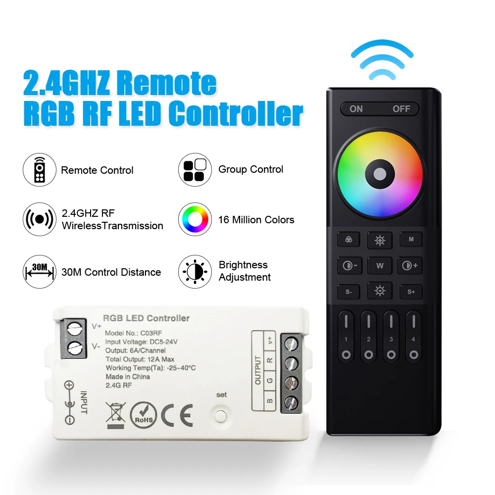 Controle remoto sem fio com COB RGB LED Lamp Controller, 4 zonas, RF 2.4G, DC 5 a 24V, RGB LED Dimming, 1% ~ 100% faixa de sinal, 30m